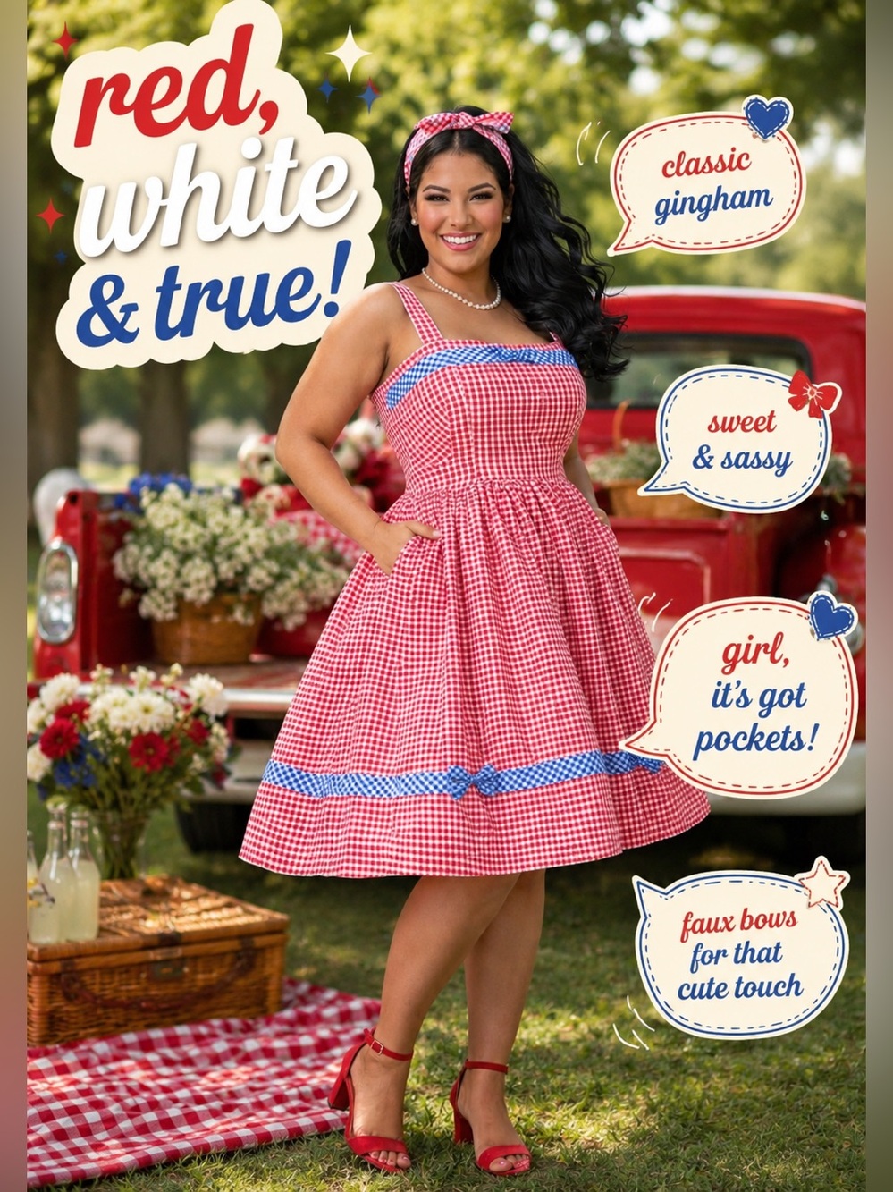 Unique Vintage 1960s Movie Date Red & Blue Gingham Swing Dress, XL, NWT! - Picture 2 of 16